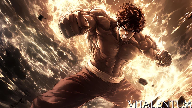 Explosive anime fighter mid-air punch with radial energy burst