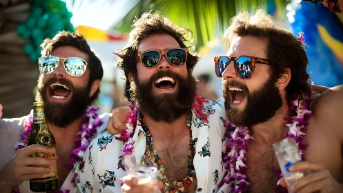 Bearded friends celebrate on tropical beach with neon leis.