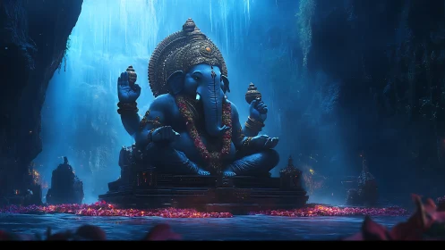 Blue cavern Ganesh meditates beneath waterfalls of light