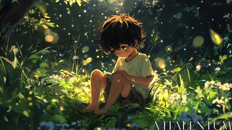 Child seated in illuminated forest clearing at night.