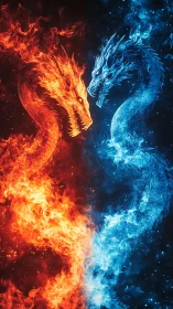Fire and ice dragon duel in vivid elemental contrast.