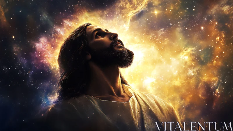 Digital figure in profile is positioned before luminous nebula