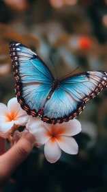 Blue butterfly resting on white tropical flowers.