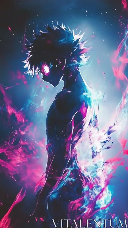 Glowing anime hero rising in swirling neon blue and pink light.