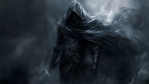 Hooded dark figure surrounded by swirling shadow mist.