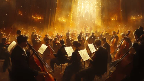 Symphony orchestra in warm golden concert hall light.