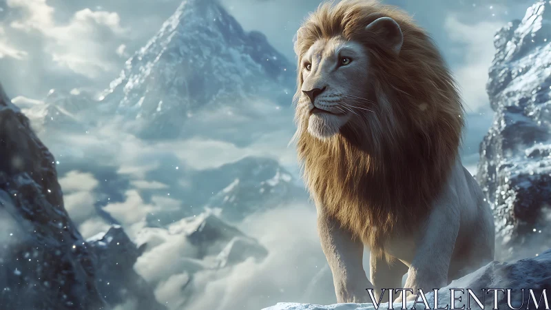 White lion on snowy mountain ridge under cloudy sky.