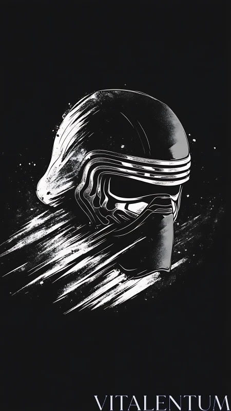 Monochrome sci-fi helmet illustration with dynamic streaks.