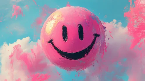 Pink smiley sphere drifting through abstract skyscape.