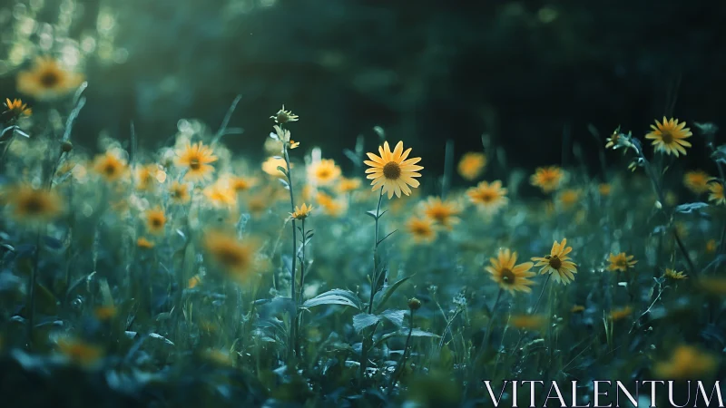 Sunlit Daisies Dance Through Verdant Mist.