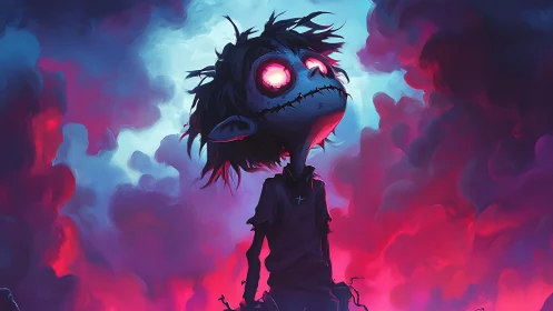 Creepy stitched figure with glowing eyes in neon clouds.