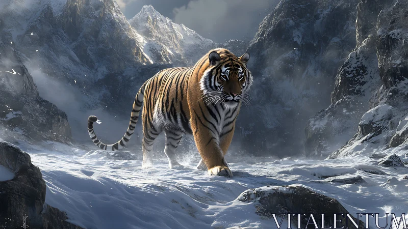 Solitary tiger advances through windswept alpine snowfield