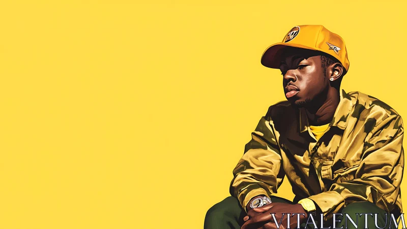 Yellow daydream in camo jacket and brimmed streetlight glow.