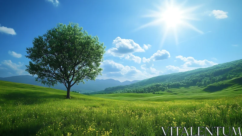 Photorealistic lone tree in luminous pastoral meadowscape.