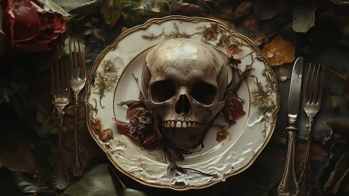 Forensic still life of skull on baroque dinner service plate.