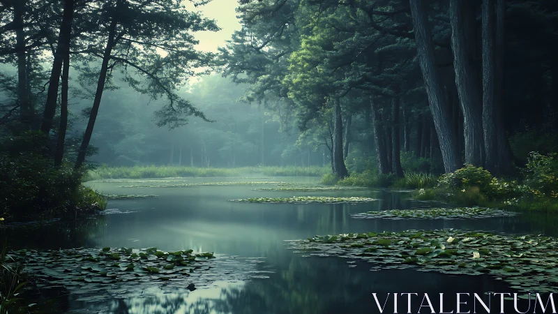 Forest canal with tall trees and water lily coverage