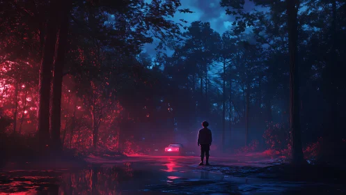 Lonely figure confronts neon-lit car in misty night forest