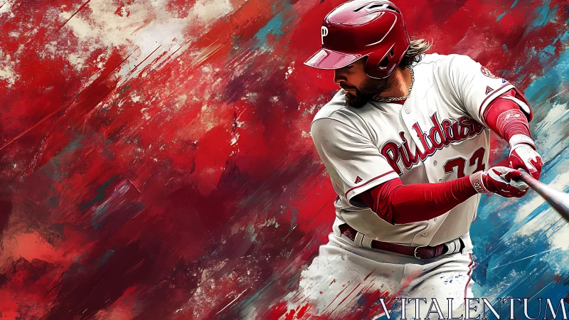 Digital baseball slugger portrait with abstract red motion.