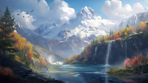 Snow-covered mountain, lake, waterfalls and autumn forest.