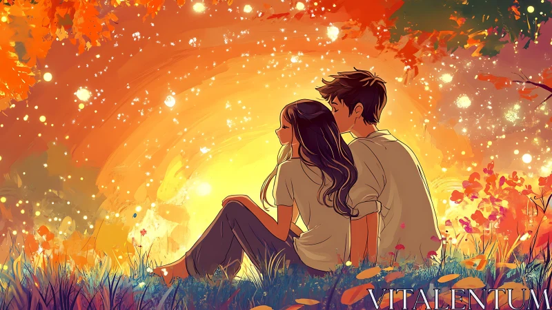 Couple Watching Autumn Sunset Among Glowing Leaves.