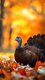 Wild turkey in sharp focus against bright autumn foliage.