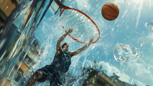 Splashcourt slam dunk explodes through liquid sky rim.