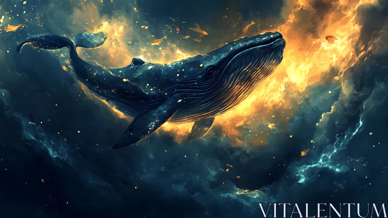 Cosmic whale glides through blazing nebula clouds