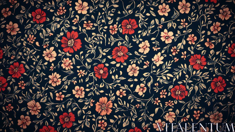 Dense floral tessellation over navy ground with textile grain.