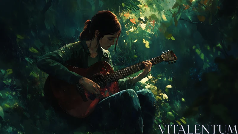 Solitary forest guitarist bathed in dappled emerald light.