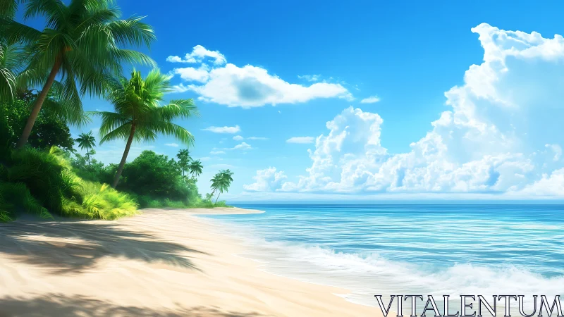 Tropical Coastal Paradise: Digital Rendering of Sandy Beach with Palm Trees