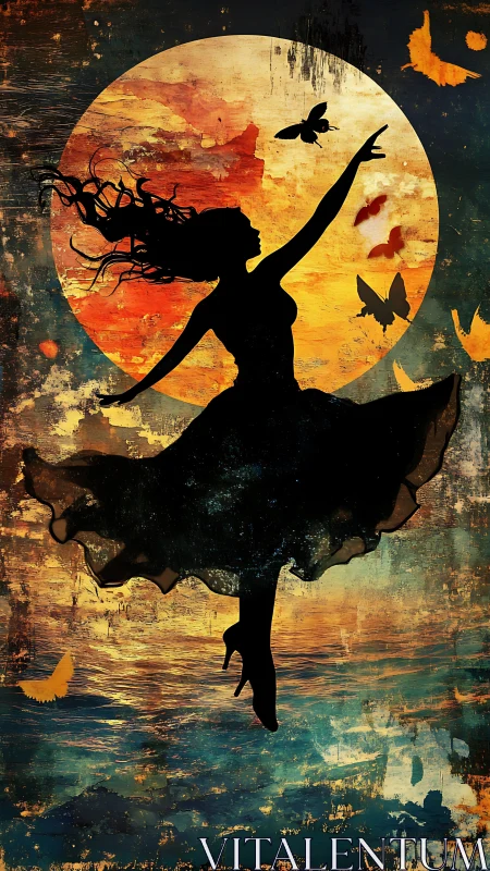 Moonlit silhouette dancer rising through painted twilight.