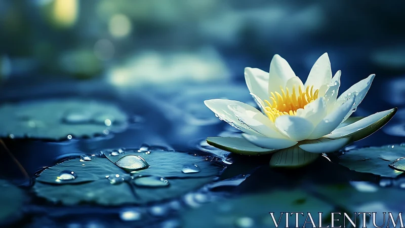 White water lily rests on dark pond with dewy leaves