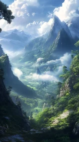 Aerial panoramic survey of mist-sheathed alpine valley system.