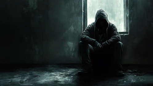 Solitary hooded figure in rainlit abandoned interior scene.