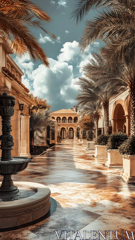 Mediterranean courtyard promenade under dramatic clouds.