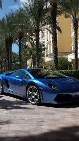 Blue supercar parked under palm trees at a luxury resort