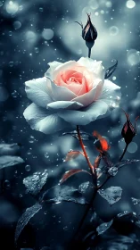 White rose glows softly amid dark wet foliage at night