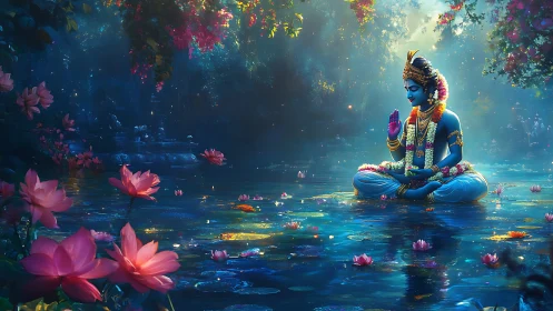Blue-skinned figure meditating on lotus pond in forest.