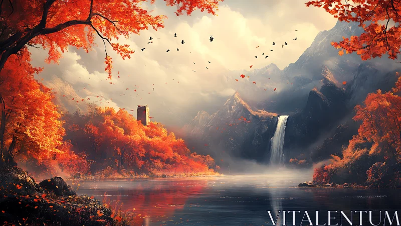Autumn waterfall sanctuary with hidden tower in the hills.