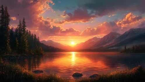 Sunset slips between alpine peaks and paints the lake copper