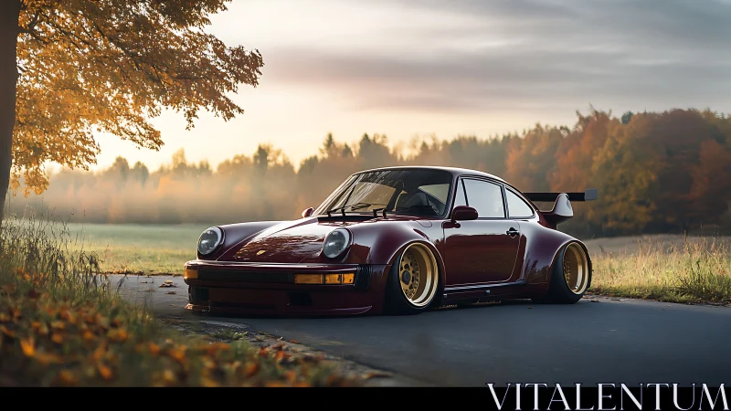 Widebody classic sports coupe on autumn country roadside at dusk
