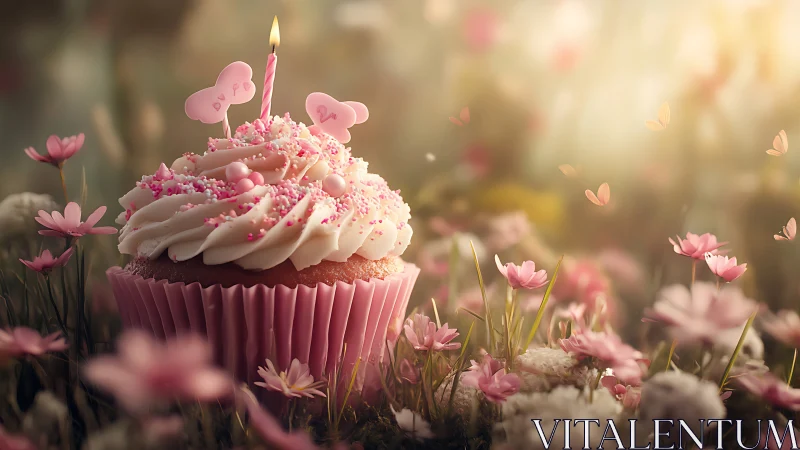 Pink Birthday Cupcake Surrounded by Blooming Flowers