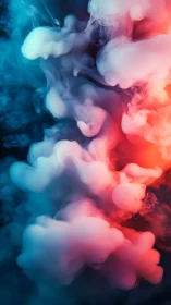Colorful smoke plumes merge in blue and red gradient haze