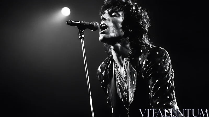 Monochrome rock vocalist captured in dramatic stage spotlight