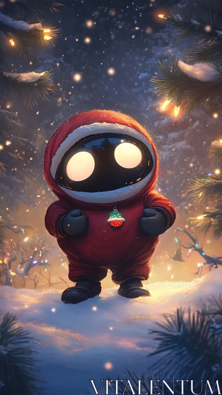 Cute holiday robot in red snowsuit under glowing snowfall.