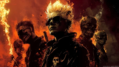 Flameborn punk phantoms stalking through a burning night.