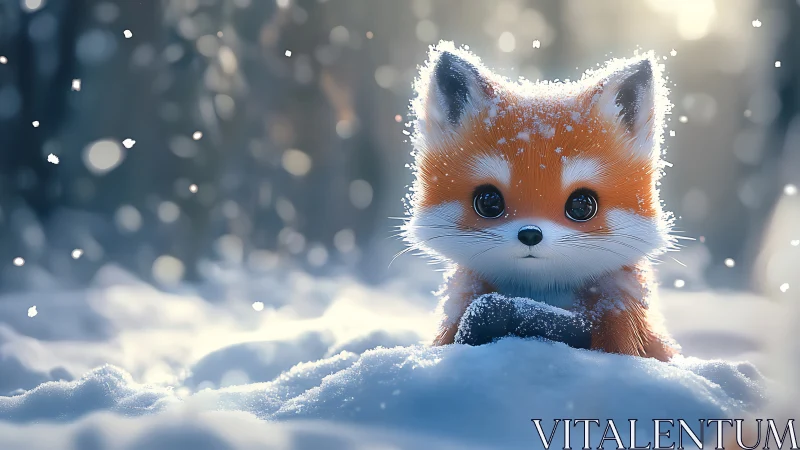 Snowy baby fox portrait in soft winter forest light.