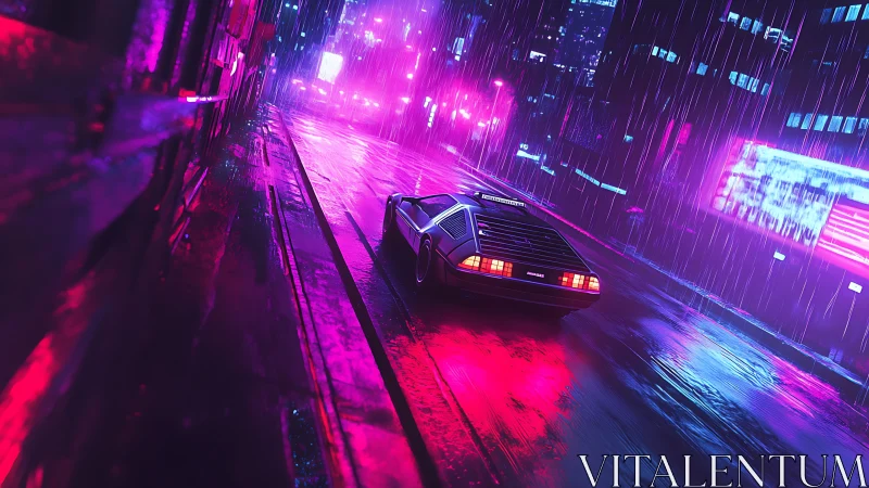 Retro sports car in neon-lit rainy cyberpunk city street.
