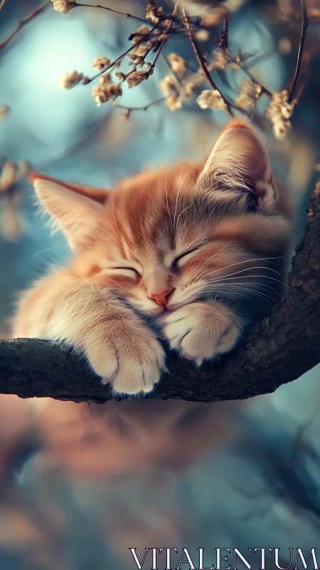 Ginger cat resting on branch with dried seed pods overhead.