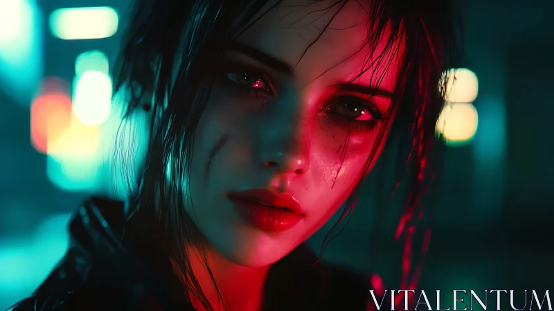 Cyberpunk heroine under neon rain with scarred resolve.